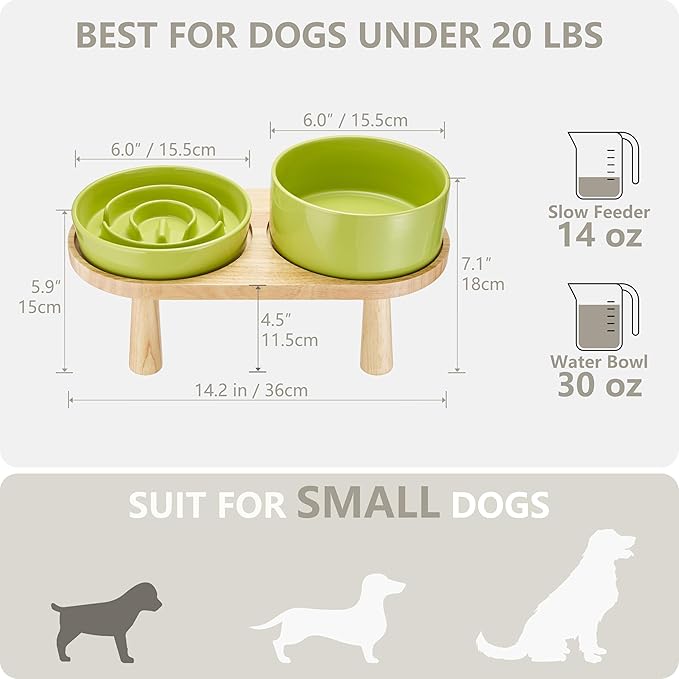 Ceramic Slow Feeder and Water Bowl Set for Small Dogs, Ceramic Dog Bowls Elevated with Wooden Stand, 0.6 Cups Dog Slow Feeder(14oz) and 30oz Water Bowl Set, Green