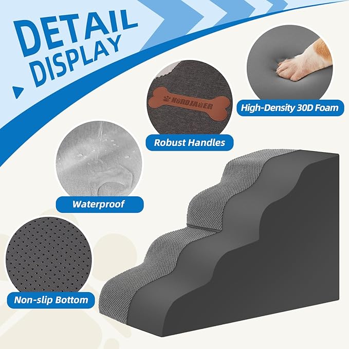 5-Step Spliceable Pet Stairs: Indoor& Outdoor Multi-Use with a Removable Cover and a Pocket, Best for Small Pets and Older Dogs Who Has Spine and Arthritis Issues to Get on High Beds, Grey（22.8" H