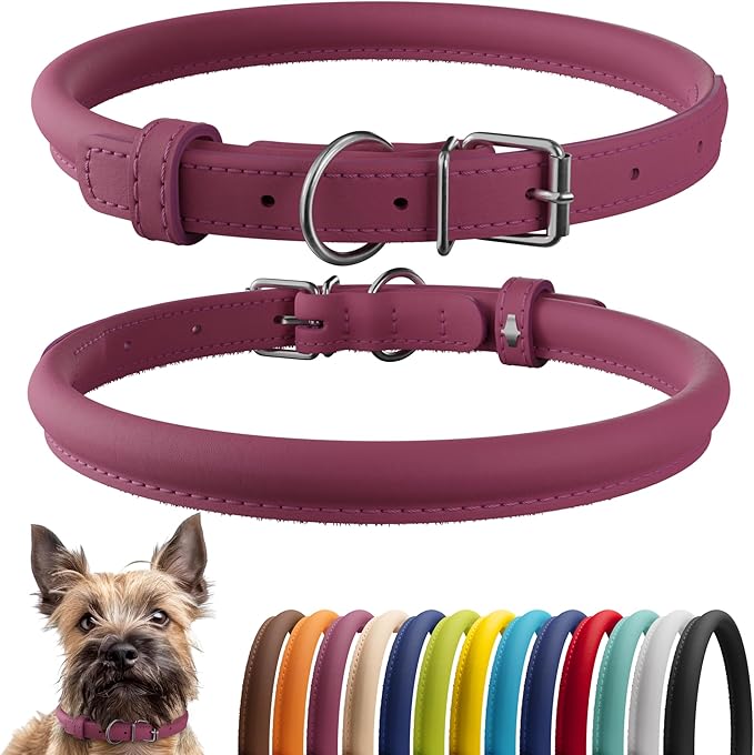 CollarDirect Rolled Leather Dog Collar, Soft Padded Round Puppy Collar, Handmade Genuine Leather Collar Dog Small Large Cat Collars 13 Colors (8-11 Inch, Pink Smooth)