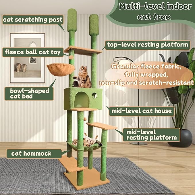96.5"-108" Cat Tree Floor to Ceiling 7-Tier Cat Tower Adjustable Height with Scratching Posts, Cozy Hammock, Cat Condo for Indoor Cats(Green)
