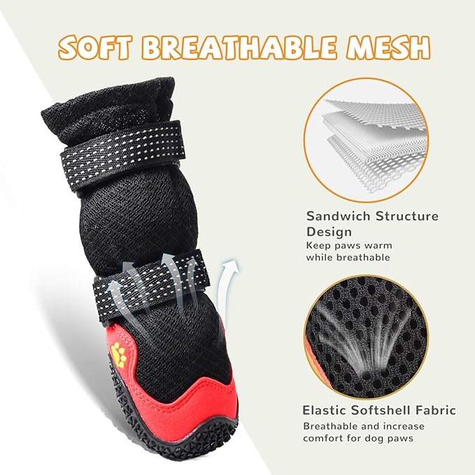 Dog Shoes for Medium Large Size Dogs, Breathable Dog Shoe for Hot Pavement, Dog Booties and Paw Protectors to Prevent Licking, Anti-Slip Dog Boots with Reflective for Summer, Hiking, Snow (Size 4)