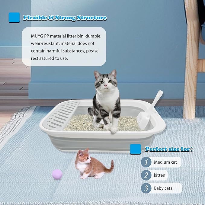 Collapsible Cat Litter Box,Open Potty Pan Cat Toilet Foldable Portable Cats Litter Box Travel Litter with Scoop,Waterproof Low Entrance for Kitten and Cat Toilet Easy Clean 17.7"×13.4"x4.9"(Grey)