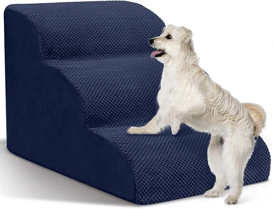 Dog Stairs for Small Dogs - High Density Foam Pet Steps, Extra Wide Dog Ramp with Non-Slip Bottom for High Beds, Couch and Sofa, Best for Dogs Injured, Older Doggy Cats, 3 Steps, Navy