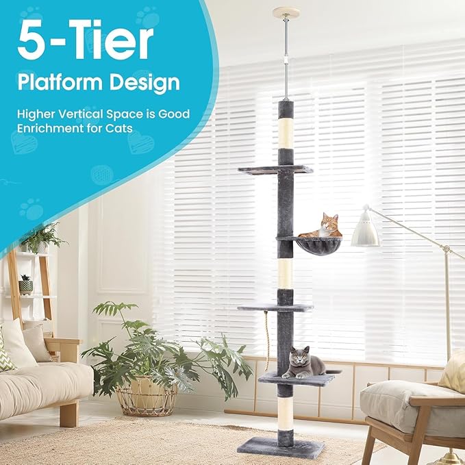 Cat Tree 5-Tier Floor to Ceiling, 89-109 Inch Adjustable Height Cat Tower with Cozy Hammock, Cat Climbing Tree for Indoor Cats, Darkgrey