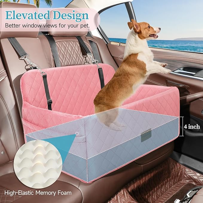 Dog Car Seat for Medium/Large Dogs, Pet Booster Seat for Under 55 lbs or 2 Small Dogs, Detachable & Washable Dog Car Bed for Backseat with 2 Safety Leashes (Pink)