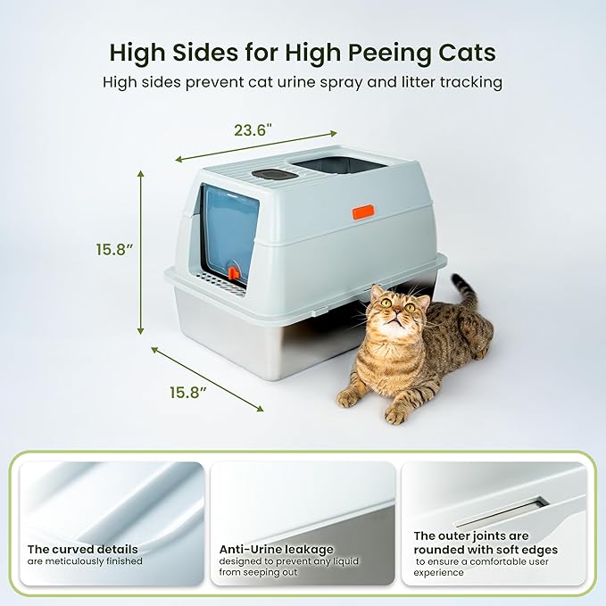 Cattasaurus Stainless Steel XL Cat Litter Box with Lid for Large Cats Up to 40lbs, Removable Kitty Litter Box Enclosure, Top Entry Litter Box, Durable Scoop & Pedal (Stainless Steel - Only Base)