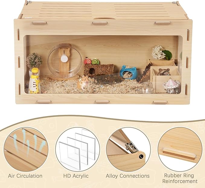 COZIWOW Wooden Hamster Cage Chewproof, Bigger World - 32" Large Hamster Cages and Habitats, Openable Top & 3 Side Acrylic Sheets, Small Animal Cage Pet House for Syrian Dwarf Guinea Pig Chinchilla