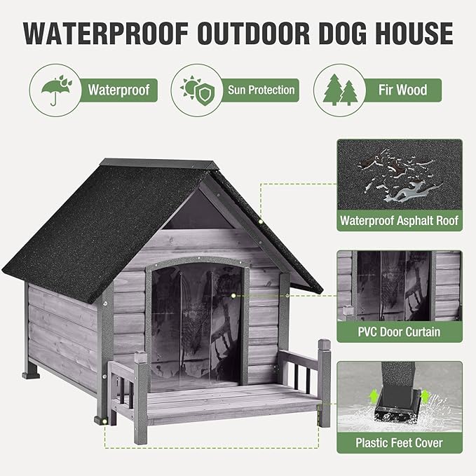 Dog House Outdoor with Anti-Chewing Iron Frame, Weatherproof Dog Kennel for Small Medium Large Dogs Indoor (Grey, 45" x 32.9" x 32.6")
