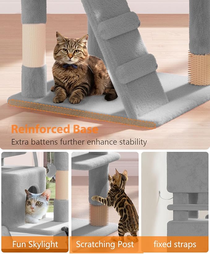 54" Cat Tree Tower for Indoor Cats Large Adult,Cute/Tall Modern Cat Tree for Big Cats 20 lbs, Plush Multi-Level Cat Condo with Scratching Posts, Dangling Ball for Fun (Light Gray, 54 inch)