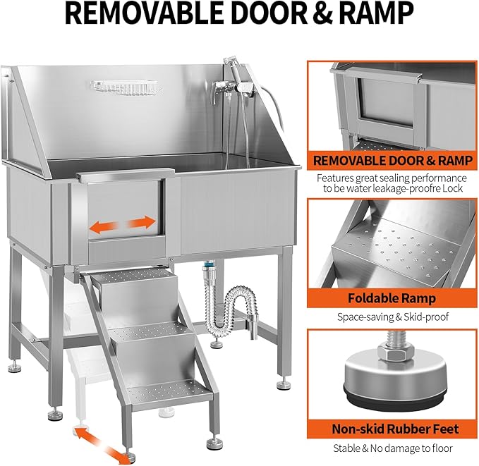 Dog Washing Station 38'' Stainless Steel Pet Grooming Tub for Large Dogs Over-Size Professional Dog Grooming Bathtub Station Wash Shower Sink Pet Grooming Bathtub Station,Left Door
