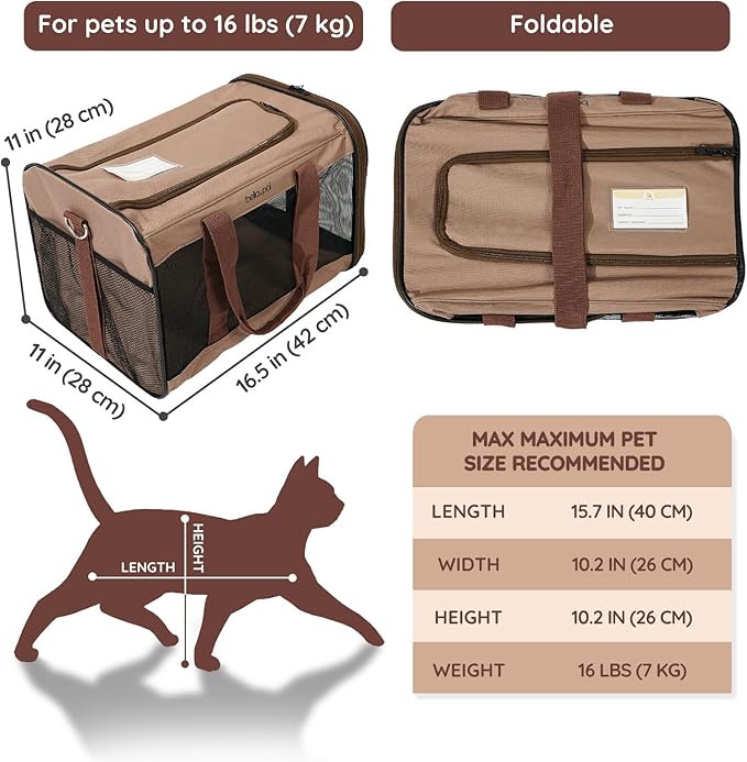BELLA & PAL Cat Carrier Travel Bag, Airline Approved Lightweight Cat Carrier, Soft Sided Pet Carrier for Puppy Dogs Up to 18lbs, Collapsible Kitten Bag with Removable Waterproof Mat, Ventilated Mesh