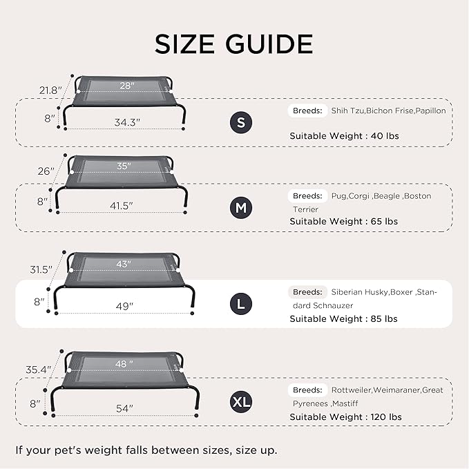 Bedsure Outdoor Elevated XL Dog Bed, Portable Indoor & Outdoor Cooling Raised Cot Pet Hammock Bed with Skid-Resistant Feet, Frame with Breathable Mesh, Grey, 54 inches