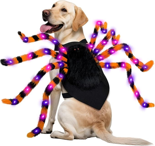 Dog Halloween Costume Large Breed, Furry Dog Spider Costume with 64 LED, Funny Halloween Dogs Costumes for Large Dogs Medium Pet Halloween Party Cosplay (Orange)