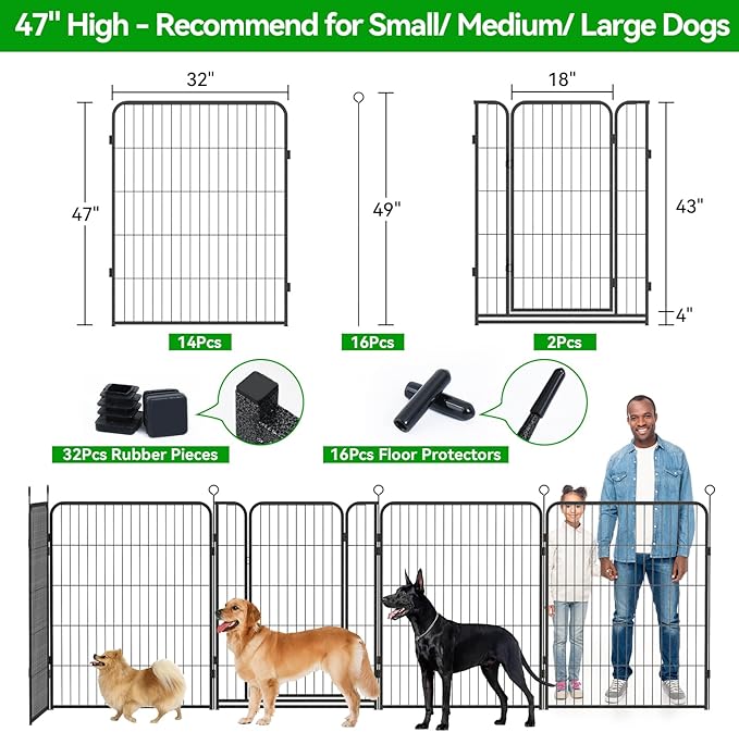 Dog Playpen Outdoor Extra Wide 16 Panels Heavy Duty Dog Fence 47" Height Anti-Rust with Doors Portable for RV Camping Yard, Total 42FT, 140 Sq.ft, Snowy Black