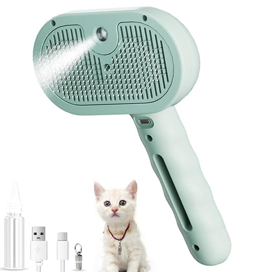 Cat Steam Brush 3 In 1，Pet Brush for Cat Hair Removal with Anti-Lost Pet Pendant，Spray Hair Removal Comb for Dogs Long Short Haired, Green