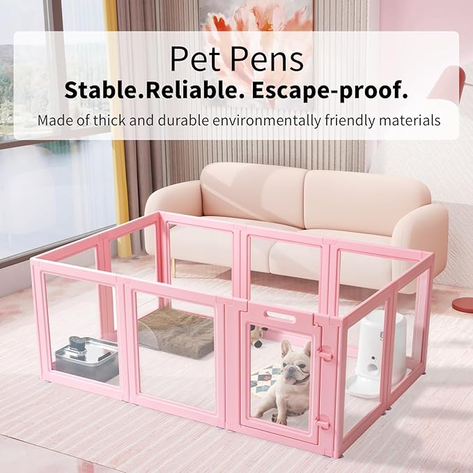 DIY Clear Acrylic Dog Playpen House,Quick Easy Assembly and Disassembly,Strong Floor Suction,Indoor and Outdoor Use,Easy Cleansing Puppy Fence (Sakura Pink, 23.6" H, 10PCS)