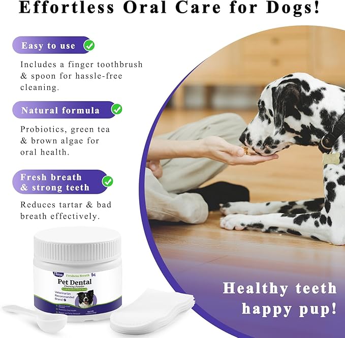 Dog Teeth Cleaning Powder, Pet Dental Powder -Dental Care, Dogs Breath Freshener with Probiotics for Tartar & Reduces Plaque & Bad Breath Teeth Cleaning for Small, Medium, Large Dogs 100g
