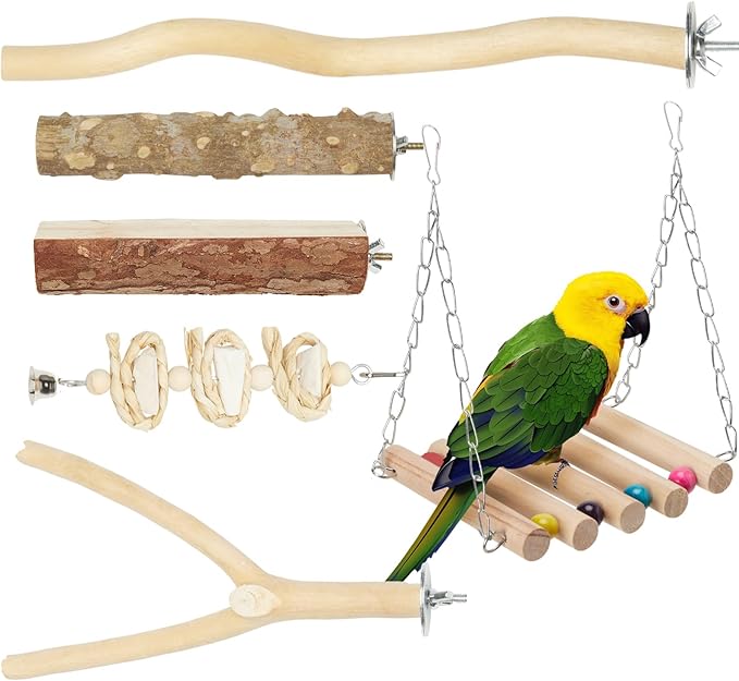 Bird Perches for Cage 6pcs Natural Bird Stand Branch for Cage with Hanging Bridge, Parrot Swing Toys Chewing Climbing Standing Branches Wood Pole Paw Grinding Fork Parakeet Platform