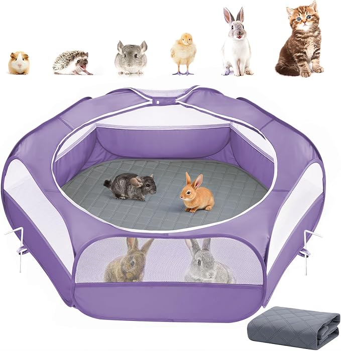 2-in-1 Small Animals Playpen with Pad, Waterproof Small Pet Cage Tent with Reusable Pad, Portable Outdoor Yard Fence with 3 Metal Rod for Chick/Kitten/Puppy/Guinea Pig/Rabbits/Chinchillas, Purple