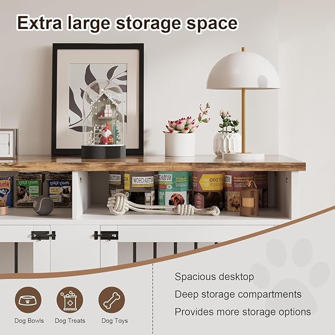 63'' Dog Crate Furniture for 2 Dogs, Wooden Dog Cage with Storage Compartment, Indoor Dog Kennel with 4 Doors for Large/Medium Dogs, White