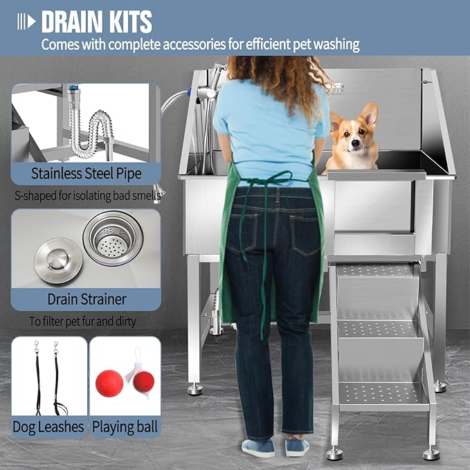 38"" Pet Dog Bathing Station W/Ramp, Professional Stainless Steel Dog Grooming Tub W/Soap Box, Faucet,Rich Accessory, Dog Bathtub for Large,Medium,Small Pets, Washing Sink for Home,R-RAMP