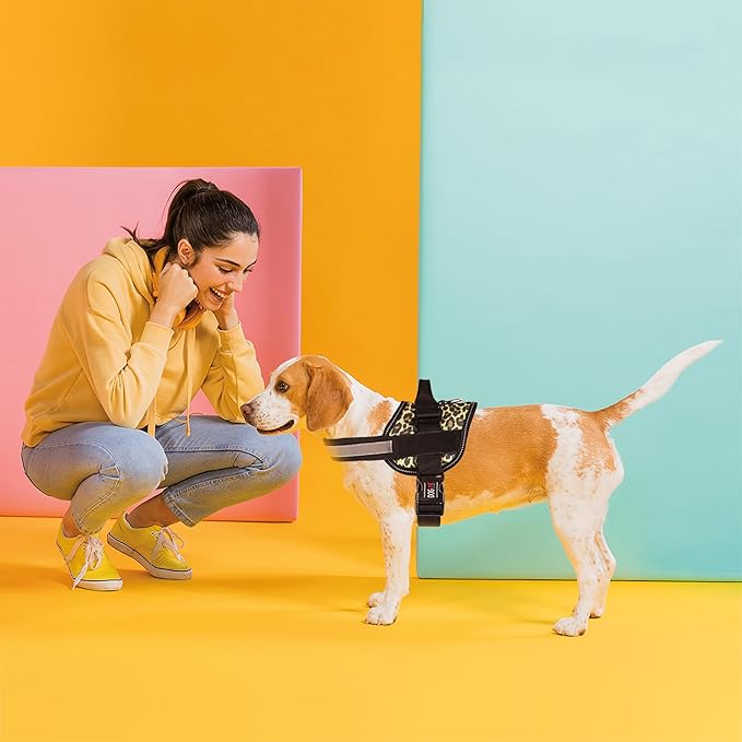 Dogline Dog Harness, Reflective No-Pull Adjustable Vest with Handle for Walking, Training, Breathable, No - Choke Harness for Small, Medium or Large Dogs Room for Patches Leopard Brown L 27"-34"