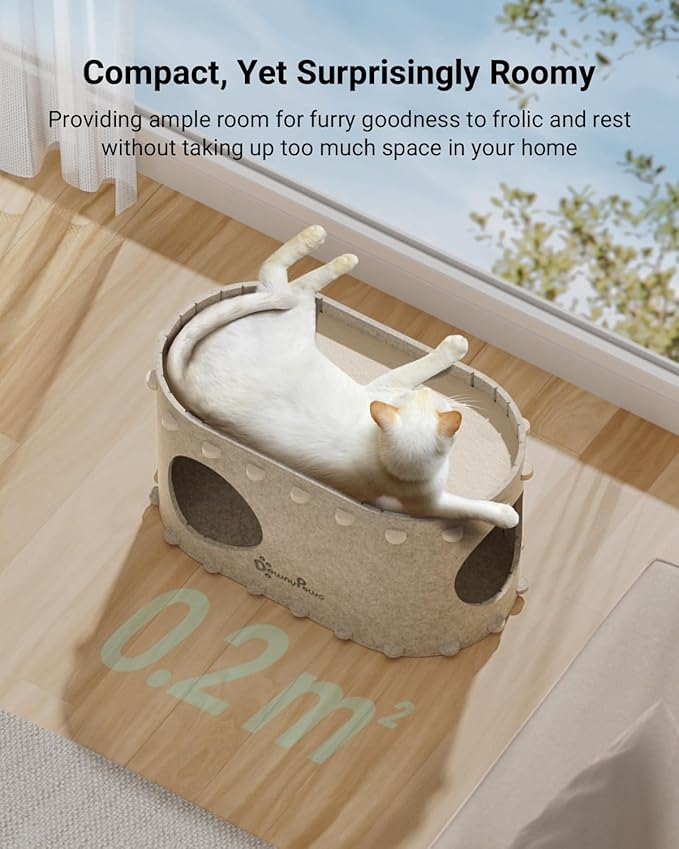 DownyPaws Cat House for Indoor Cats, Cat Bed Cave for Multiple & Large Cats Up to 22 Lbs, Scratch Resistant, Foldable Peekaboo Kitten Caves Tunnel Enclosed Bed, PeekaPurr, Cream