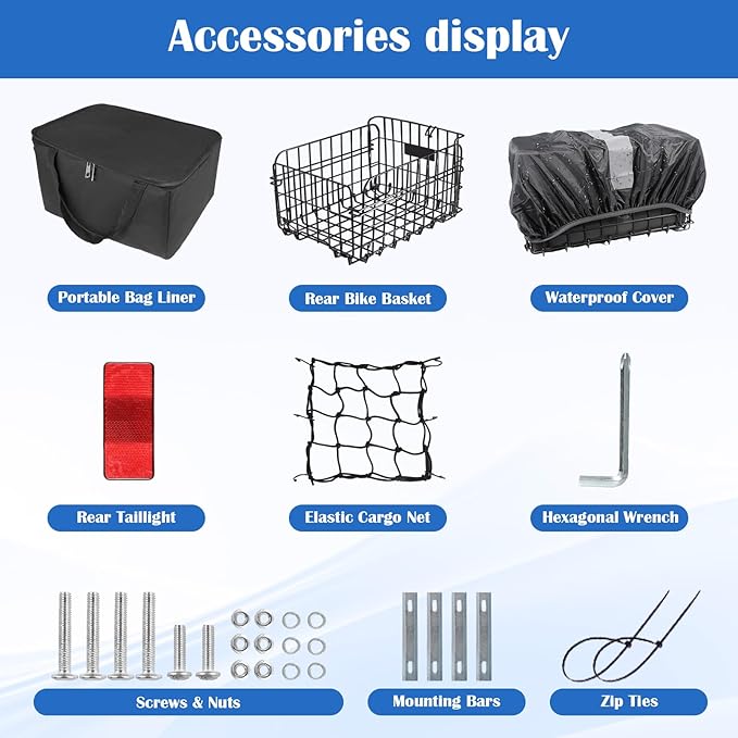 Bike Basket Rear, Folding Bicycle Basket with Removable Waterproof Liner Bag, Rear Bike Cargo Rack, Bike Accessories Frame Basket for Adult Women Men Carrying Dogs,Pet,Grocery,Quick Release Design