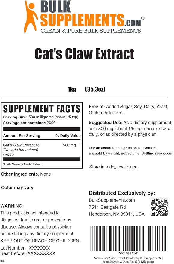 BulkSupplements.com Cat's Claw Extract Powder - Herbal Supplements, for Joint & Immune Support - 500mg of Cats Claw Extract per Serving, Gluten Free (5 Kilograms - 11 lbs)