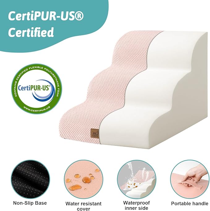 Dog Stairs for Small Dogs 15.7" H, Curved Dog Step for Puppy, Older Cat, Medium Pet Ramp for Sofa, Couch or Bed, Ladder with High Density Foam, 15.7x22.4x15.7 inch, 3 Step, Pink