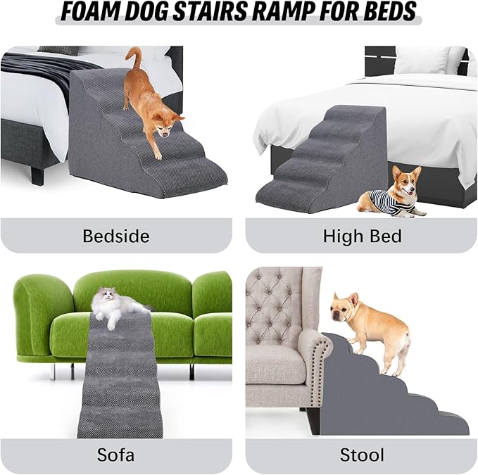 Dog Stairs&Steps for High Beds Up to 28'', 5-Step Dog Ramp for Small Medium Dogs with Washable Cover, Non-Slip Steps for Cats to Get on Couch and Sofa, Durable Foam Ladders, 24.4" Tall, Grey