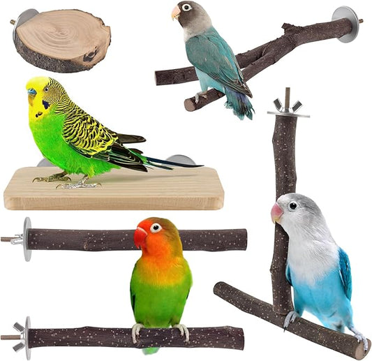 Bird Perches, 6 Pcs Natural Wood Parrot Perch Stand Chew Toys, Hanging Multi-Branch Parrot Perch Platform Swing Toy Cage Accessories for Small Parakeets, Budgies, Lovebirds, Canaries, Finches