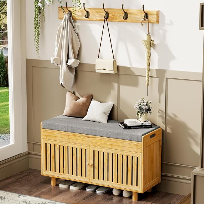 Coat Rack Shoe Bench Set, Bamboo Shoe Storage Bench with Seat Cushion & 5 Hooks, Hall Tree Entryway Bench with Lift Top Hidden Storage, 35.4" W x 12.6" D x 19.7" H, for Entryway, Living Room, Bedroom
