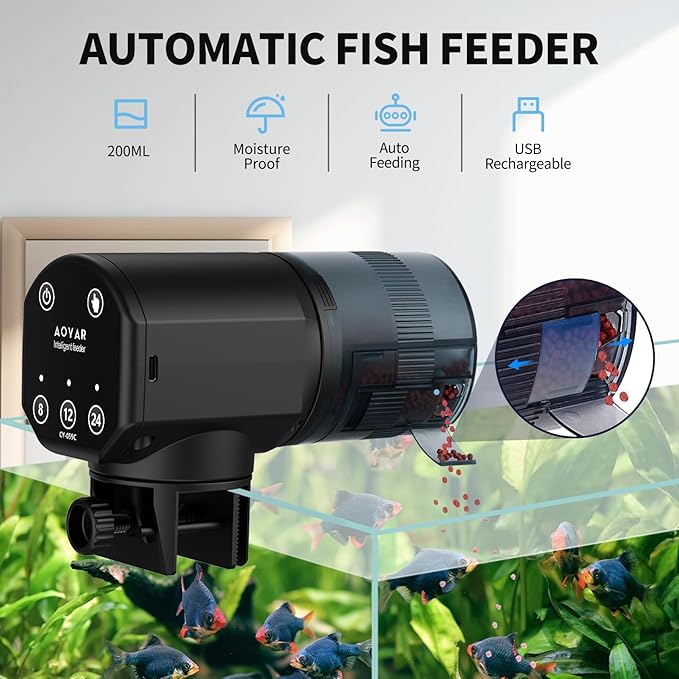 Automatic Fish Feeder for Aquarium: Rechargeable Fish Feeder Dispenser,Moisture-Proof & 200ML Large Capacity Betta Turtle Vacation Feeder,Auto Fish Food Dispenser Timer for Weekends/Business