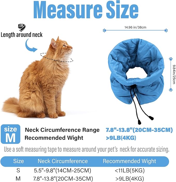 Cat Recovery Collar, Soft Adjustable Cone for Cats and Kittens, Lightweight Waterproof Elizabethan Collar for After-Surgery Care, Prevent Licking and Scratching, Neck Protector for Pets（Lake Blue,M）
