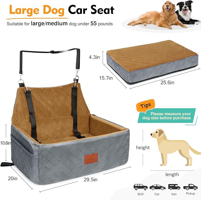 Dog Car Seat for Large Medium Dogs,Washable Pet Carseat Under 55 lbs or 2 Small Dogs,Dog Booster Seat with Thick Cushion,2 Safety Leashes