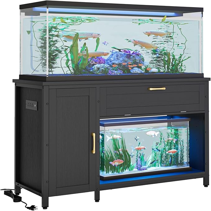 Bestier 55-75 Gallon Fish Tank Stand with Power Outlet&LED Light, 49x19 Heavy-Duty Metal Aquarium Stand with Cabinet&Drawer for Accessories Storage, Suit for Reptile/Turtle Terrarium, 726Lbs Capacity