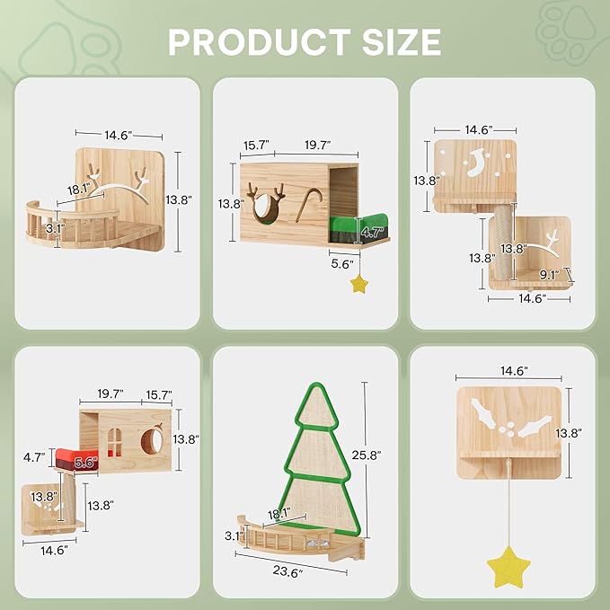 Cat Wall Shelves, Cat Wall Furniture Pine Wooden Feline Shelf, 16 Piece Shelves and Perches with Bowl, Warmer Mat, Condos, House, Steps and Cat Scratcher