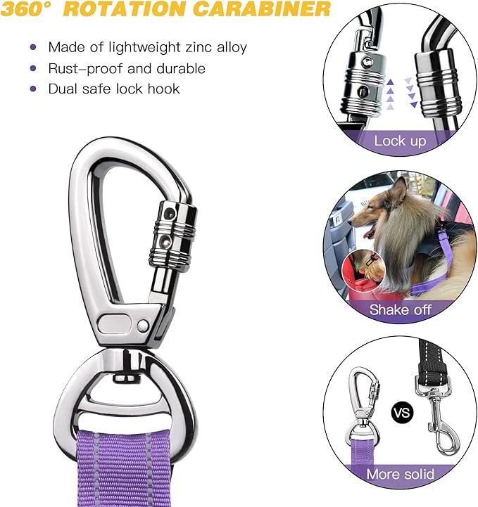 AUBELL Dog Seat Belt for Car,2 Pack Set 3-in-1 Adjustable Reflective Bungee Heavy Duty Dog Car Harness Tether with Clip Hook Latch & Buckle,Swivel Zinc Alloy Carabiner,Black+Purple