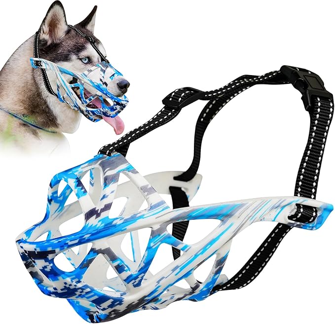 Dog Muzzle for Large Dogs, Breathable Basket Muzzles for Small, Medium and X-Large Aggressive Dog, Allows Panting Drinking, Suitable for Grooming Trimming Training (Camouflage Blue, L)