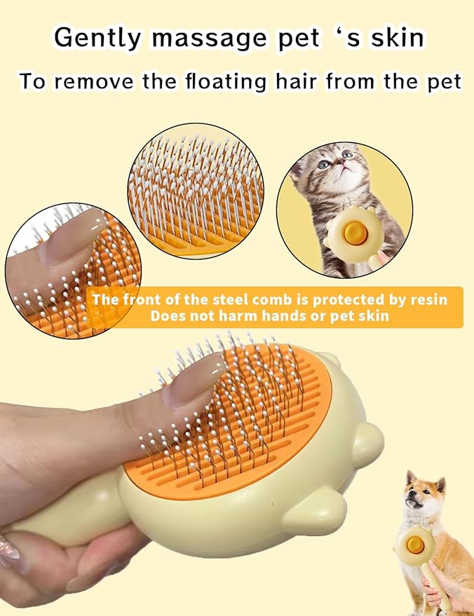 Cat & Dog Grooming Brush (Purple) - Stainless Steel Tooth Comb, Rubber Massage Needles, Self-Cleaning, Suitable for Kittens to Long-Haired Cats & Dogs