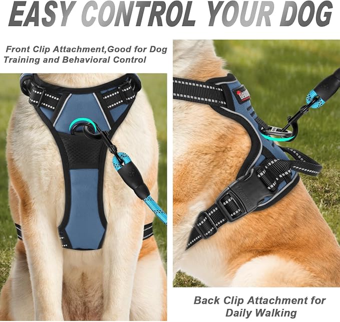 BARKBAY No Pull Dog Harness Front Clip Heavy Duty Reflective Easy Control Handle for Large Dog Walking(Navy,L)