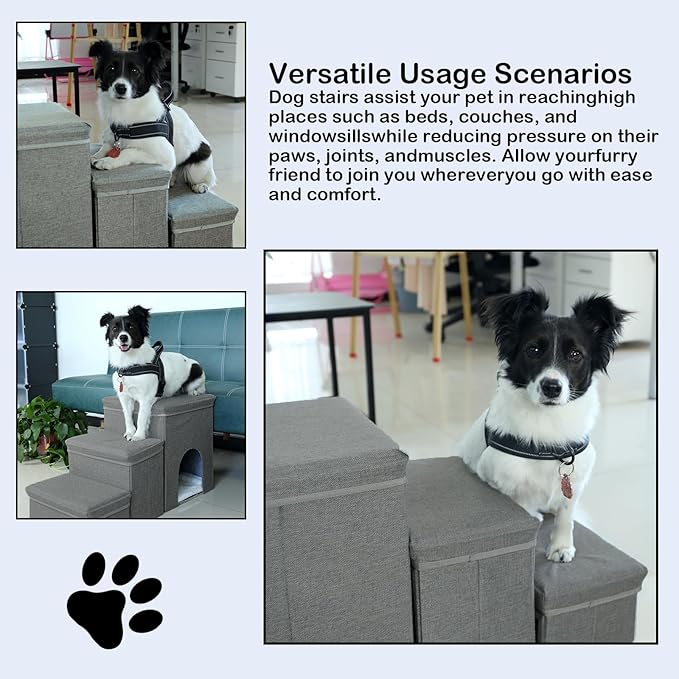 Dog Stairs with Storage Dog Steps for High Beds 3-Step Pet Stairs Ramp with Storage Box and Condo for Small Dogs Cats Pets