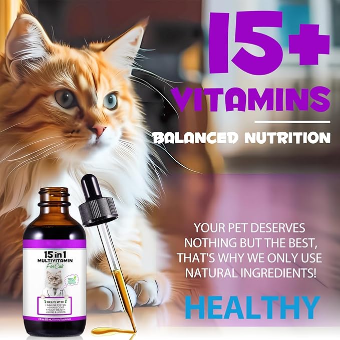 Cat Multivitamin,15 in 1 Cat Vitamins Liquid Drops Supplements for Heart Health, Bones, Joint, Skin & Coat, Bladder, Immune System Support 60ml-2pcs