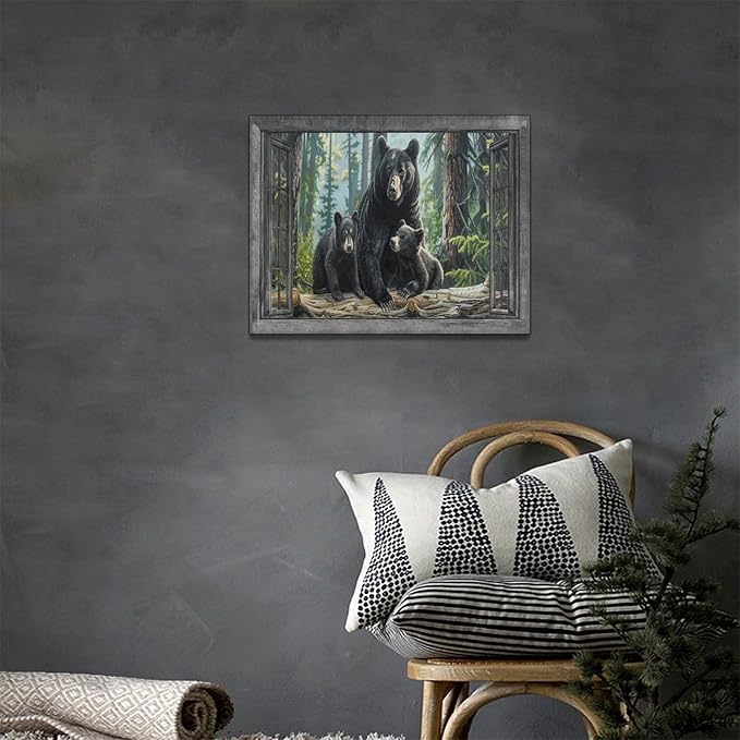 Black Bear Wall Art Forest Window Canvas Cabin Living Room Pictures Prints Animal Wall Decor Painting Artwork for Bedroom Dining Office Home 16"x12"
