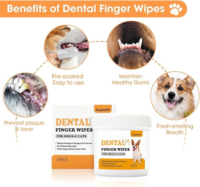 Dog Dental Wipes, Dog Teeth Cleaning Finger Wipes, Reduce Plaque & Tartar, Freshen Breath, Safe Natural Pet Dental Care Finger Wipes for Dog & Cat, Portable & Disposable Dog Tooth Wipes, 50 Ct