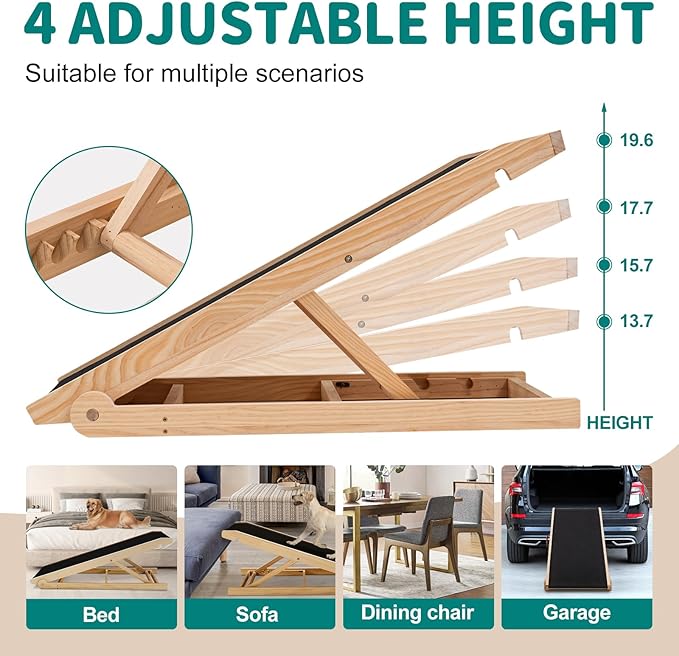 Dog Ramp for Bed, Adjustable Pet Ramps for Dog to Get on Bed, Non-Slip Rubber Surface - Folding Wooden Dog Ramp for Small/Large/Old Dogs, Adjustable up to 19.5 inch High Beds