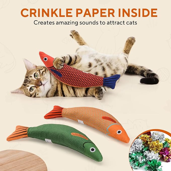 AUSCAT Cat Catnip Toys, 3PCS Catnip Fish Toy for Cats, Cat Kicker Toys with Crinkle Sound, Interactive Plush Soft Cat Toys for Indoor Cats and Kittens