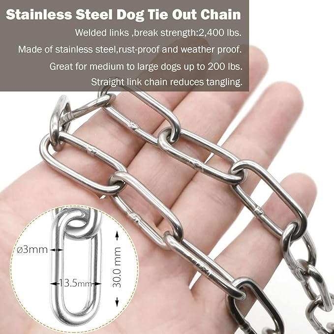 15 ft Dog Chains for Outside - Heavy Duty Tie Out Chain Leash Great for Small to Large Dogs Up to 200Lbs - Chew Proof Long Chain for Yard Camping or Travel (15ft Without Spring)
