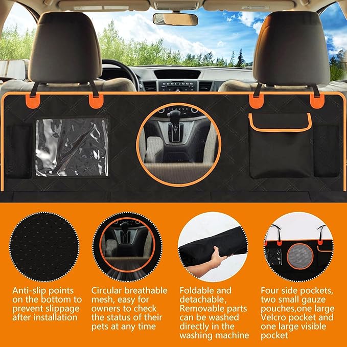 Dog Car Seat Cover for Back Seat, Hard Bottom Back Seat Extender for Dogs, Holds 420lbs, Waterproof Pet Hammock Protector, Thick and Durable Dog Seat Cover for Truck, Car, SUV-Black